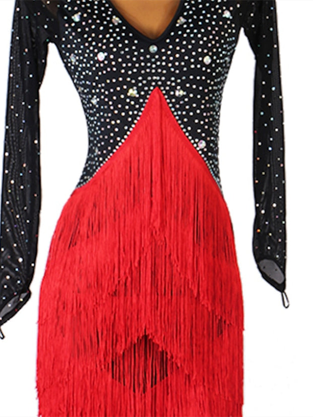 Women's Dancewear Latin Dance Dress Tassel Crystals/Rhinestones Women's Performance Long Sleeve