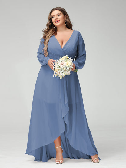 A-Line/Princess V-Neck Long Sleeves Asymmetrical Plus Size Bridesmaid Dresses with Pockets