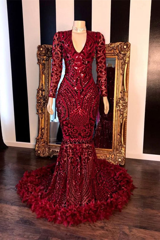 Burgundy Long Sleeves Prom Dress Mermaid Sequins PD0580