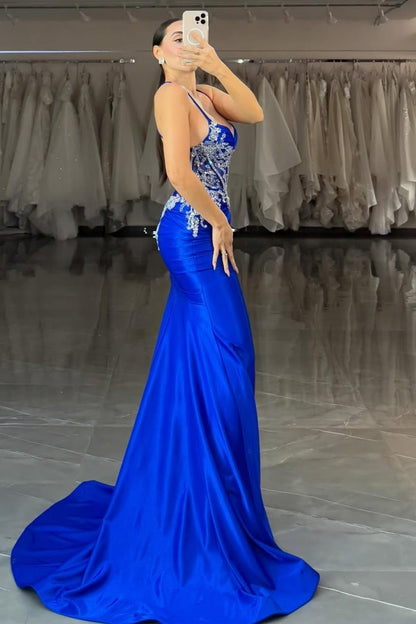 Royal Blue Spaghetti-Straps Mermaid Appliques Stunning Prom Dress ZT0587