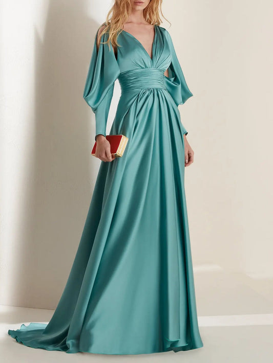 A-Line/Princess V-Neck Long Sleeves Floor-Length Evening Dresses with Pleats