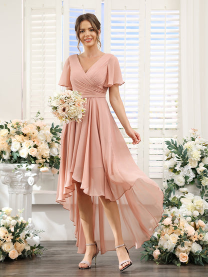 A-Line/Princess V-Neck Short Sleeves Asymmetrical Chiffon Bridesmaid Dresses with Ruched