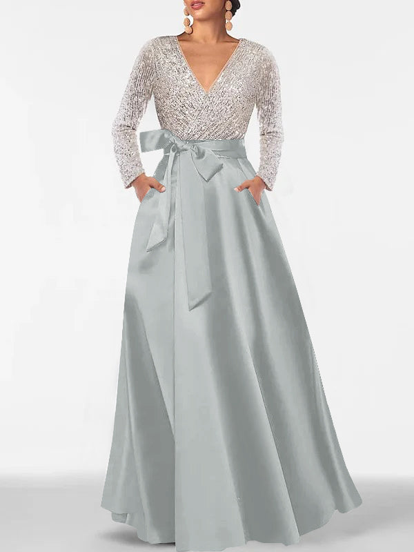 A-Line/Princess V-Neck Long Sleeves Floor-Length Mother of the Bride Dresses With Pocket & Sequins