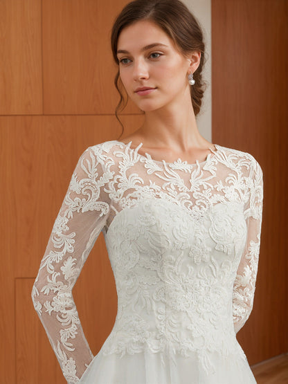 A-Line/Princess Scoop Neck Long Sleeves Floor-length Lace Wedding Dress with Appliques