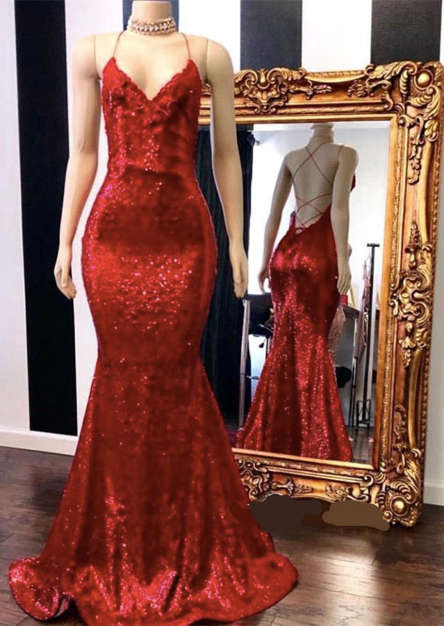 Red Spaghetti-Straps Mermaid Long Prom Dress With Sequins  PD0686