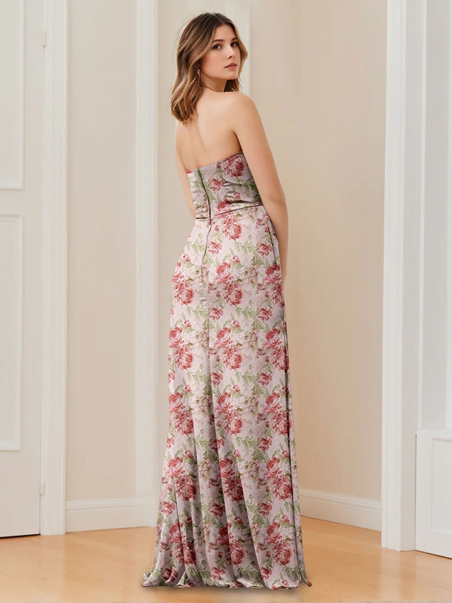 Sheath/Column Strapless Sleeveless Floor-Length Printed Floral Ruched Bridesmaid Dresses with Split Side