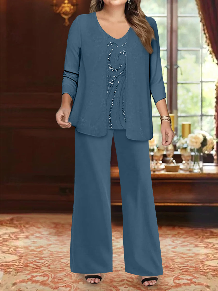 Chiffon V-Neck Floor-Length 3 Pieces Plus Size Mother of the Bride Pantsuits with Jacket & Sequins