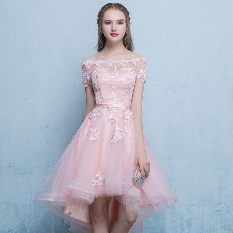 Cute pink tulle lace short prom dress party dress  8311