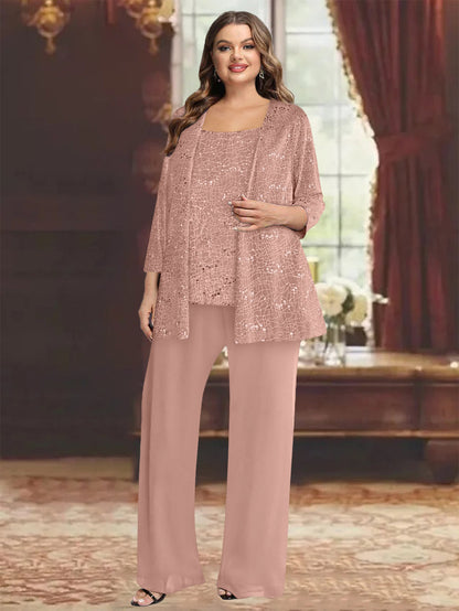 Chiffon Plus Size Mother of the Bride Pantsuits with Jacket & Sequins