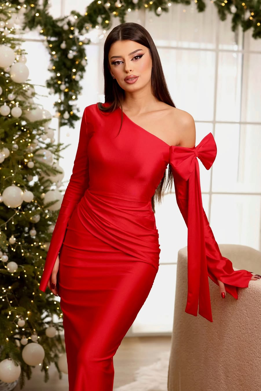 edgynewlook Stunning Red Satin Off the Shoulder Long Sleeves Long Prom Dress with Bow