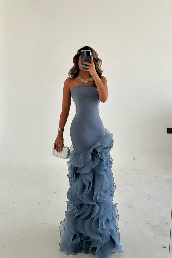 Dusty Blue Strapless Mesh Ruffles Sheath Prom Dress ZT0610