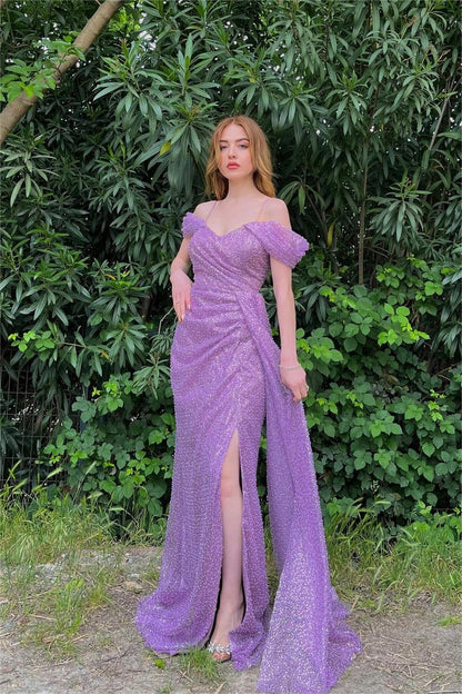 edgynewlook Glamorous Purple Sequins Off the Shoulder Spaghetti Strap Split Prom Dress with Beadings