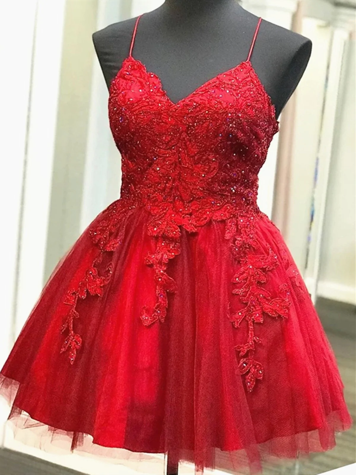 A Line V Neck Short Backless Red Lace Prom Dresses, Short Red Backless Lace Formal Homecoming Dresses  gh870