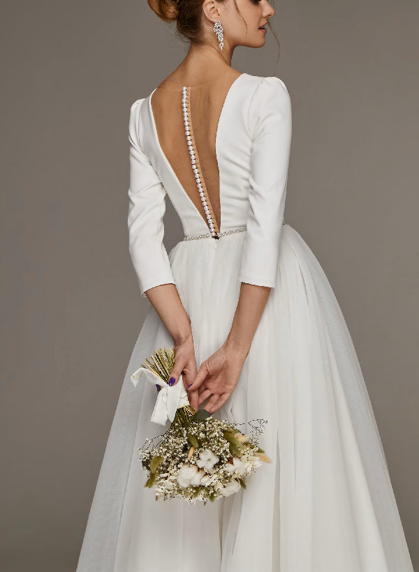 A-Line/Princess V-Neck Tea-Length Wedding Dress