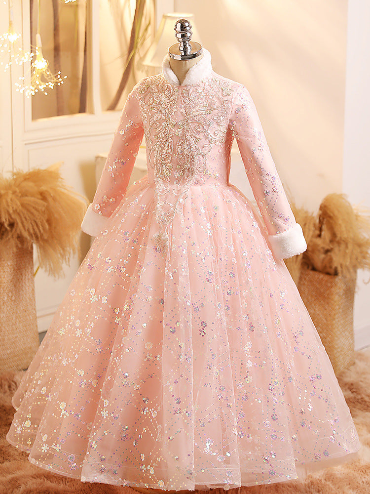 Long Sleeves Ball Gown Shinning Girl Winter Party Dress with Crystal Appliques