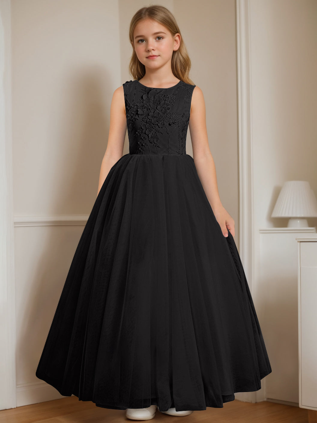 A-Line/Princess Round Neck Sleeveless Floor-Length Flower Girl Dress with Appliques