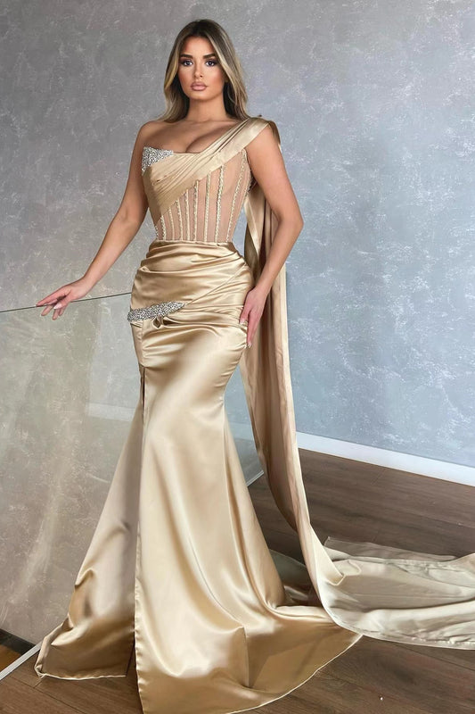 Edgynewlook One Shoulder Sleeveless Champagne Mermaid Prom Dress  With Slit Ruffles