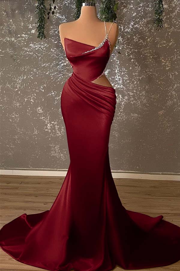 One Shoulder Spaghetti Strap Red Prom Dress Slim Mermaid Dress ED0749