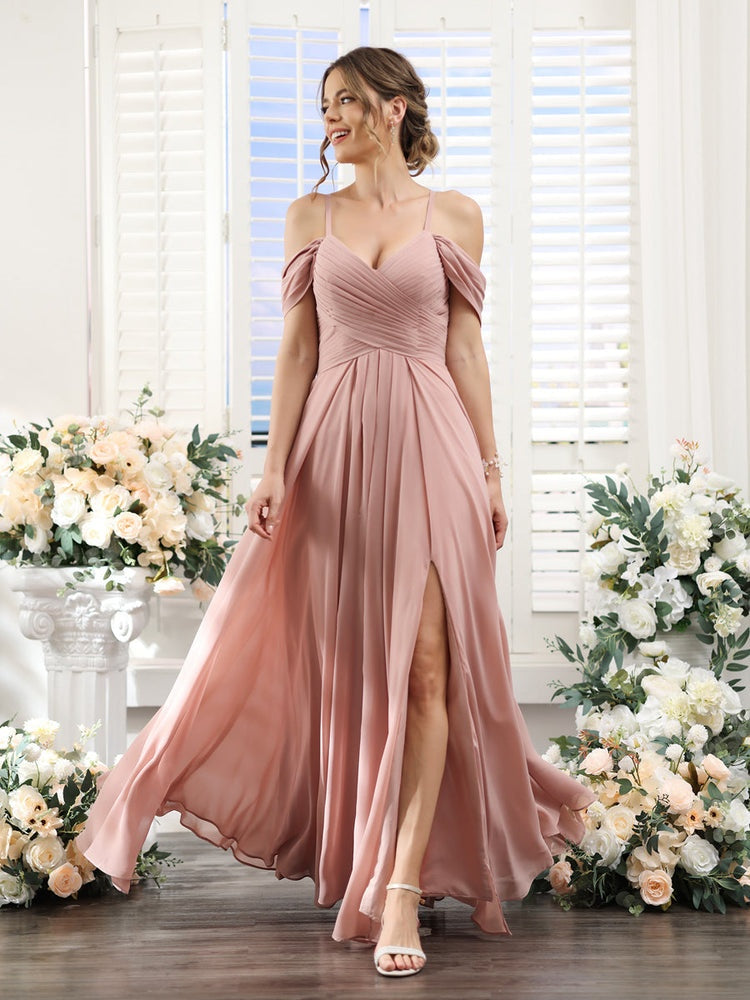 A-Line/Princess V-Neck Spaghetti Straps Floor-Length Chiffon Bridesmaid Dresses with Split Side