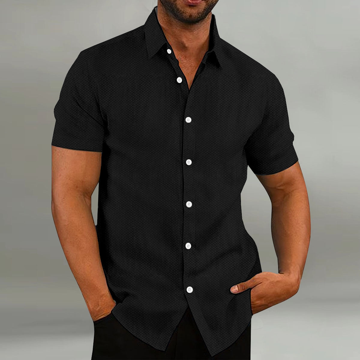 Fashion Men's Shirt Casual Breathable Lapel Solid Color Short Sleeve Shirt