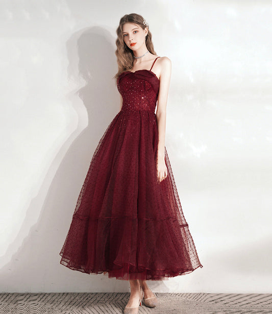 Burgundy tulle beads short prom dress homecoming dress  8793