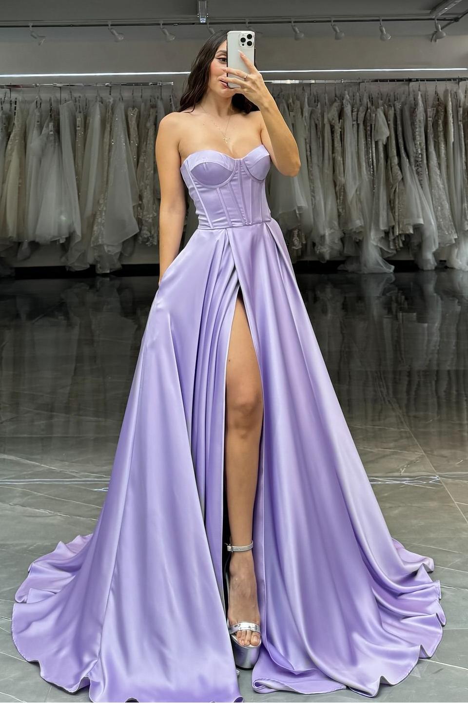 edgynewlook Simple Lilac Satin Strapless Sleeveless Long Pleated Prom Dress with Split