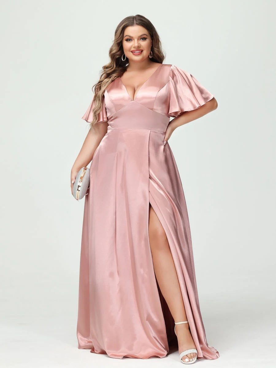 A-Line V-Neck Half Sleeves Silk Satin Plus Size Bridesmaid Dresses with Pockets