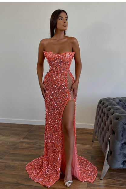 Gorgeous Orange Sequins Mermaid Sweetheart Prom Dress Split With Sleeveless ED0164