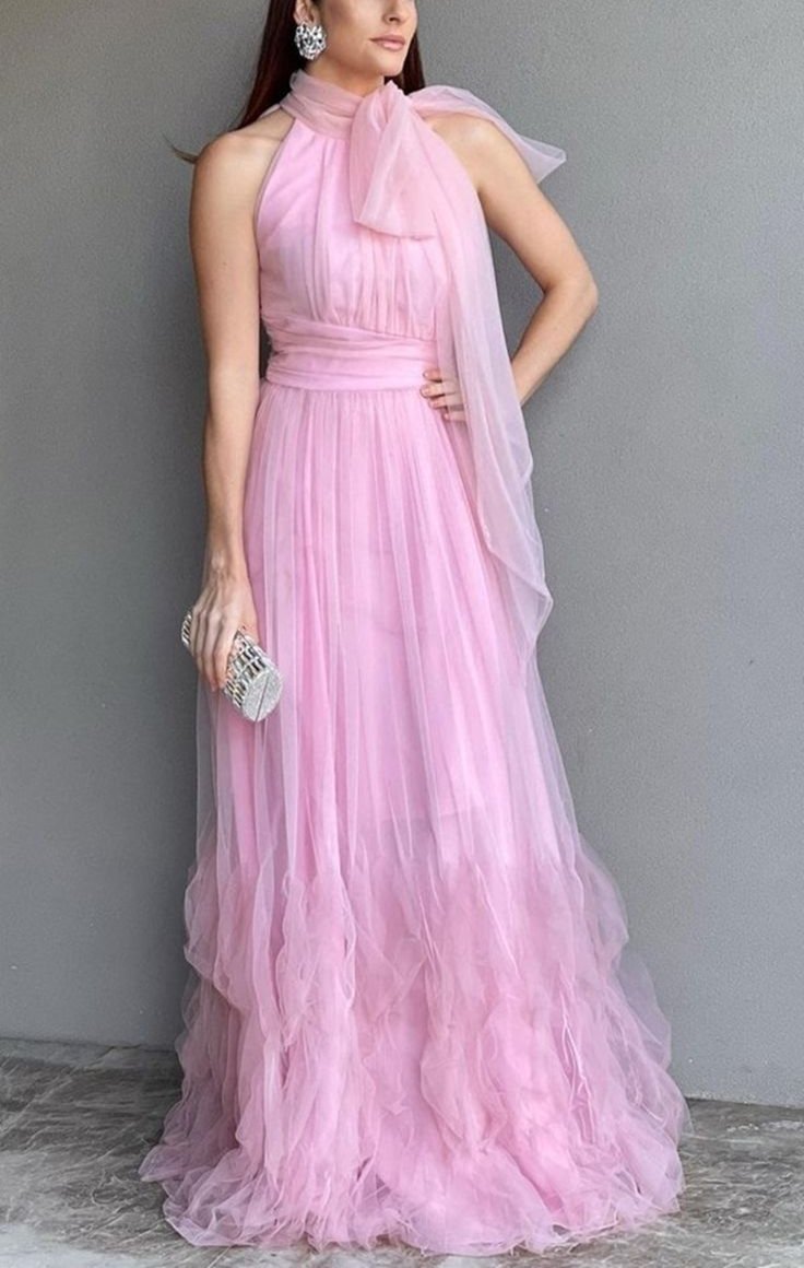 Pink suspender bow tulle long ball gown evening dress wedding guest dress bridesmaid dress gh3102