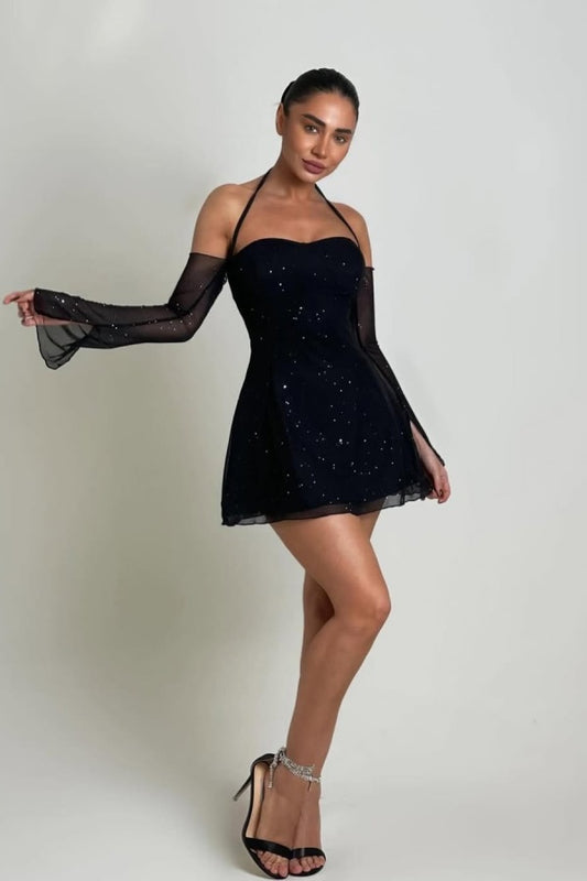 edgynewlook Black Halter Short Tulle Prom Dress A-Line Long Sleeves with Sequins