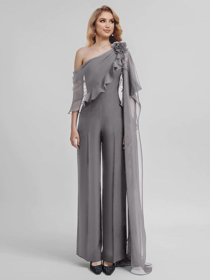 Jumpsuits One-Shoulder Half Sleeves Chiffon Mother Of The Bride Pantsuits