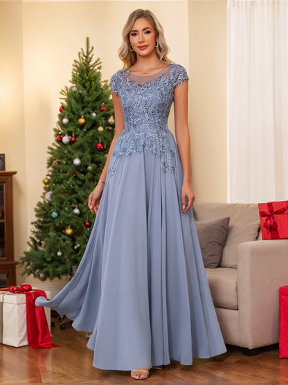 A-Line/Princess Scoop Neck Short Sleeves Floor-Length Mother of the Bride Dresses with Appliques