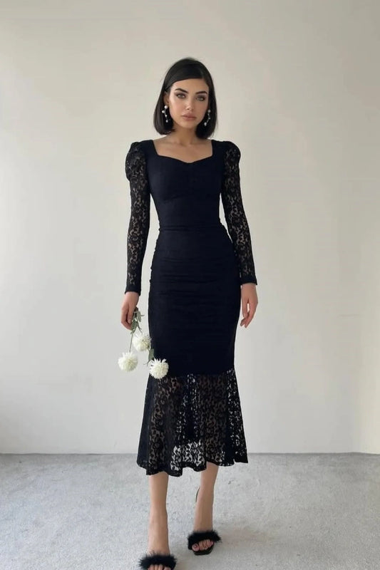 Black Slim Fit Lace Long Sleeves Prom Dress ZT0312