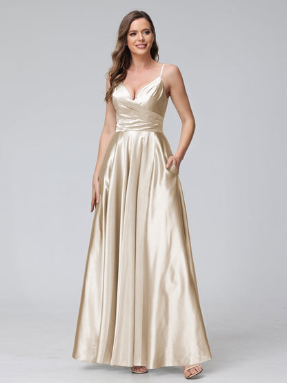 A-Line/Princess V-Neck Sleeveless Ankle-Length Silk Satin Bridemaid Dresses with Pockets & Split Side