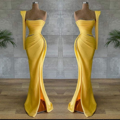 Yellow Asymmetrical Prom Dress With Beads PD0643