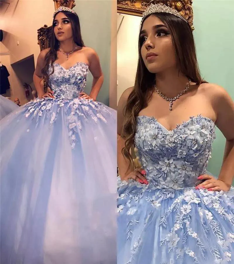 Prom Dresses New Blue Quinceanera Dresses Ball Gown Sweetheart Lace Appliques Crystal Beaded 3D Floral Flowers Sweet 16 Party Prom Dress Evening Gowns  gh953