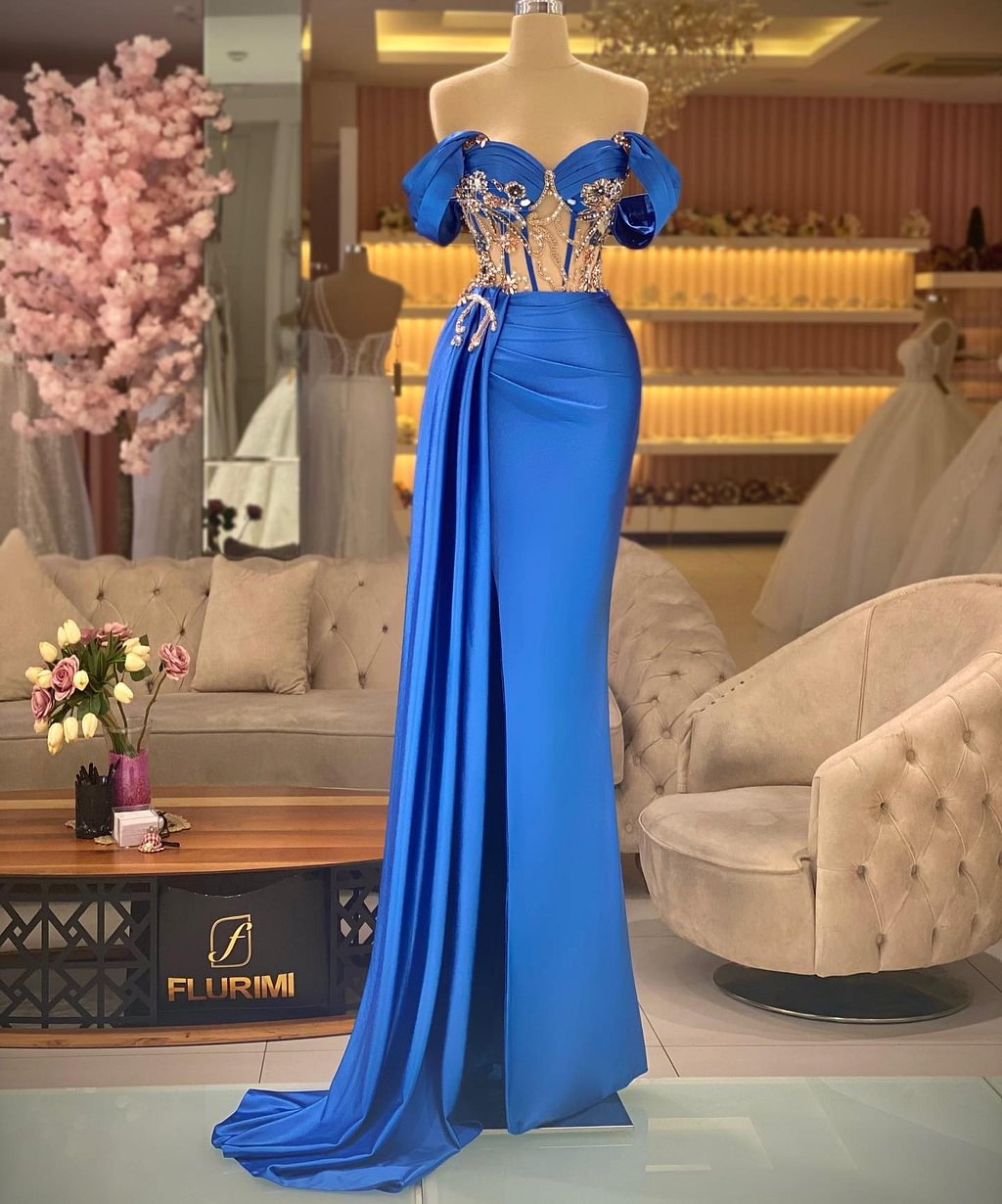 edgynewlook Elegant Off-the-shoulder Royal Blue Beaded Sleeveless Prom Dress with Split