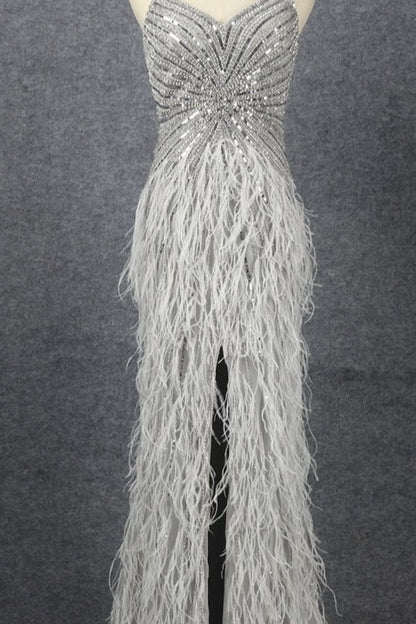 Edgynewlooks Luxury Sliver Mermaid Spaghetti Strap Prom Dress Split Sleeveless Feathers Beading