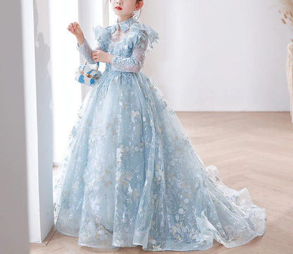 A-Line/Princess Long Sleeves Lace Girl Party Dress with Appliques & Train