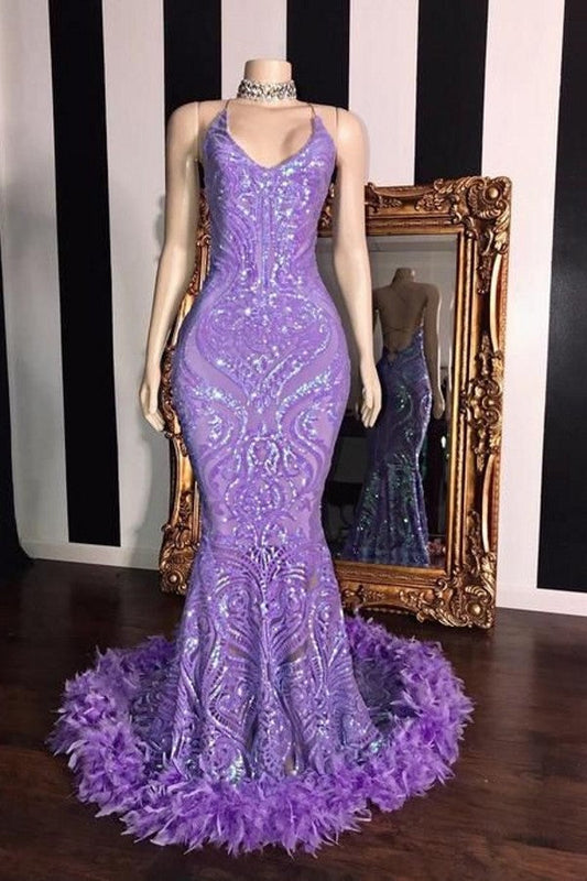 Gorgeous Sleeveless Sequins Lace Prom Dress Mermaid With Feather PD0583