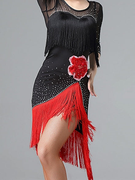 Latin Dance Dress Fringed Tassel Women‘s  Half Sleeve Mesh Milk Fiber