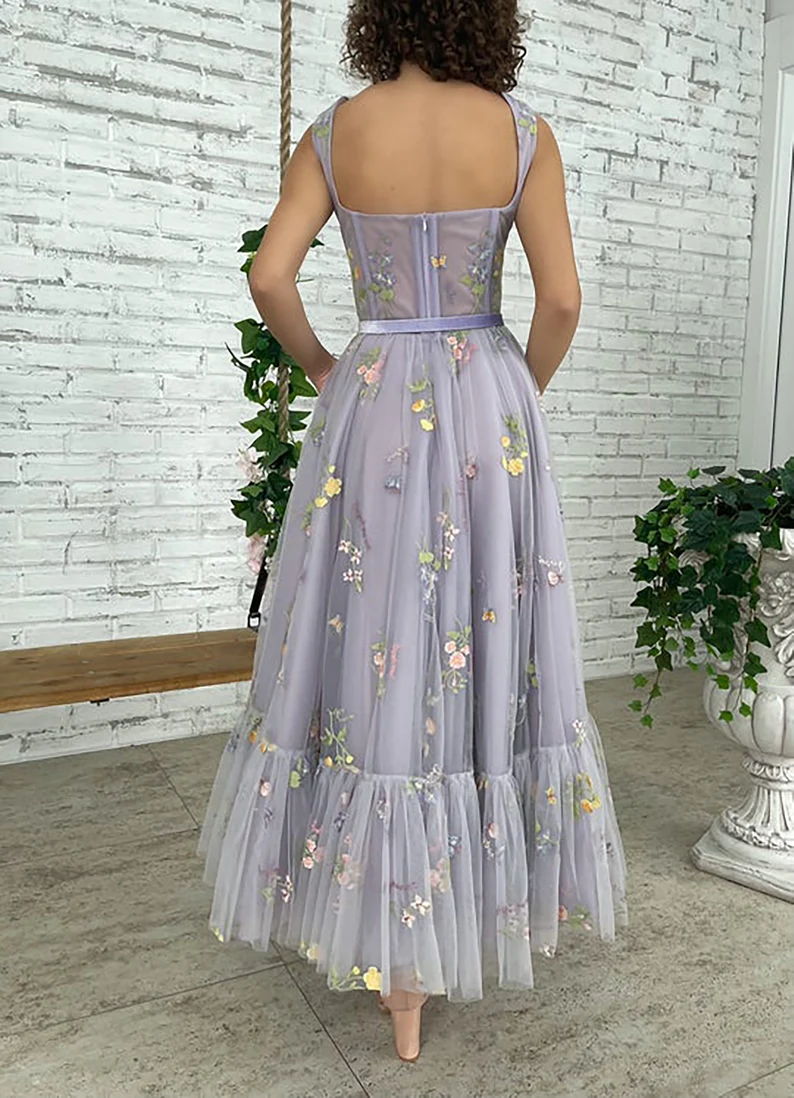 Lilac Embroidery Flowers Tulle Prom Dress, Sweetheart Straps Tea-Length Tulle Ball Gown Wedding Dress, Fairy Prom Dress gh1820