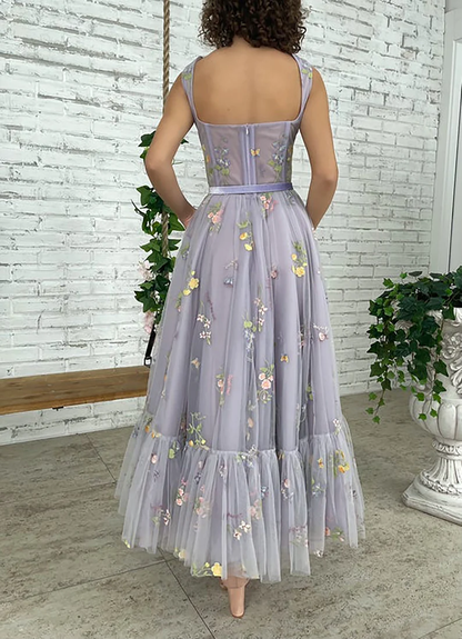 Lilac Embroidery Flowers Tulle Prom Dress, Sweetheart Straps Tea-Length Tulle Ball Gown Wedding Dress, Fairy Prom Dress gh1820