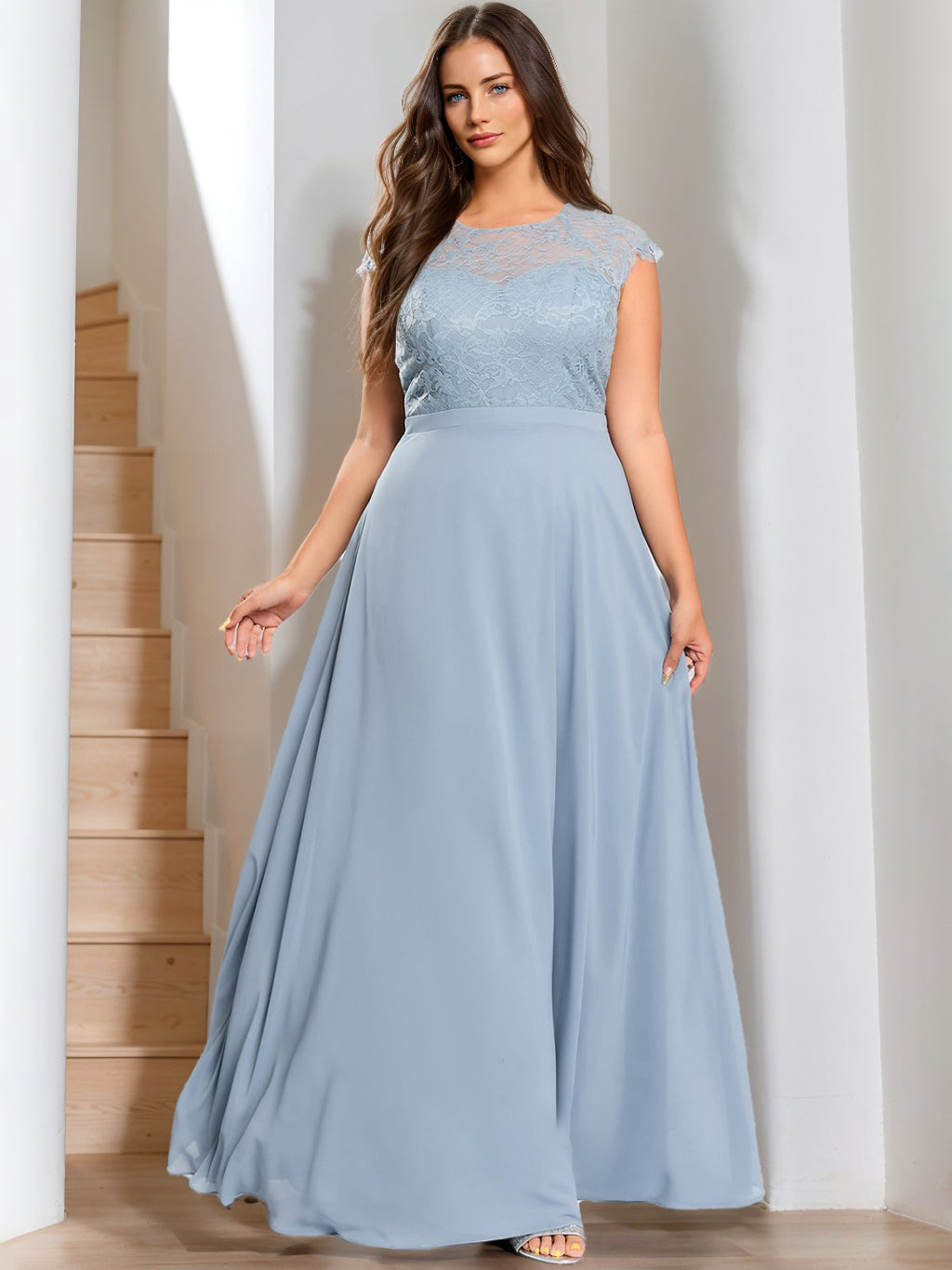 A-Line/Princess Scoop Sleeveless Floor-Length Lace Plus Size Bridesmaid Dress