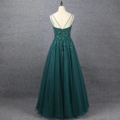 Edgynewlook Emerald V Neck Floor Length Prom Dress A Line Sleeveless With Appliques