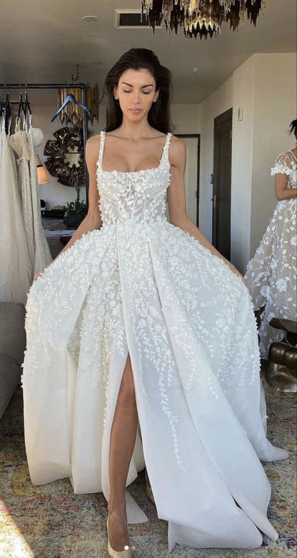 White fantasy square neck slit lace applique long tulle backless bridal gown wedding dress gh2404