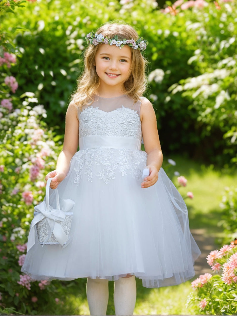 Lace Tulle Knee-length First Communion Flower Girl Dress