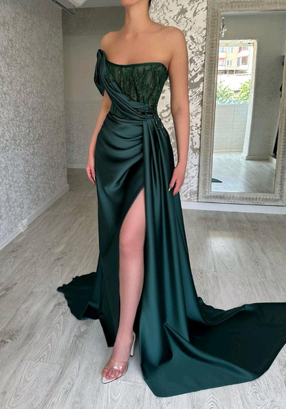 Glamorous Green Strapless Prom Dress Long Beading Mermaid Dress WW0046