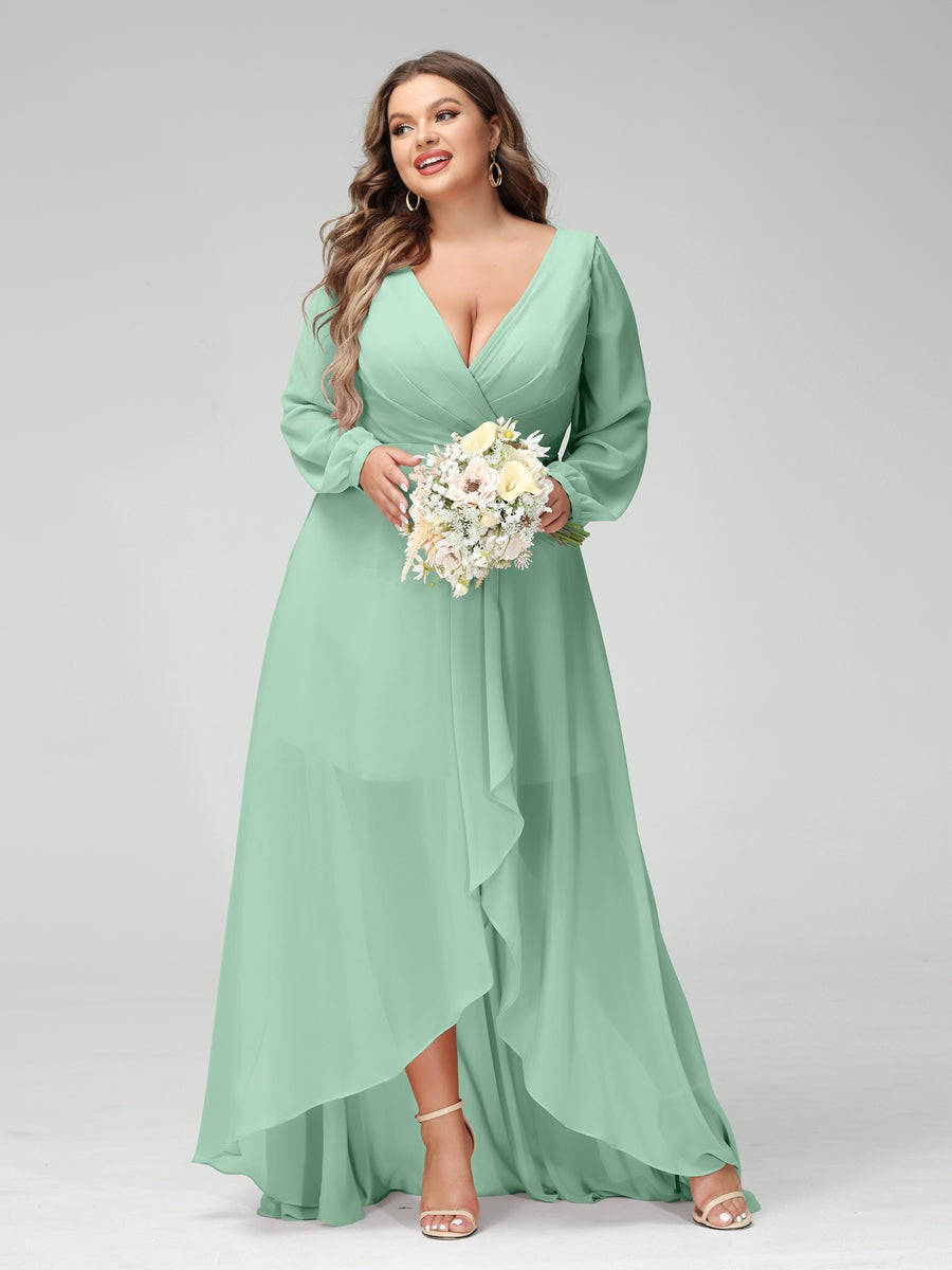 A-Line/Princess V-Neck Long Sleeves Asymmetrical Plus Size Bridesmaid Dresses with Pockets