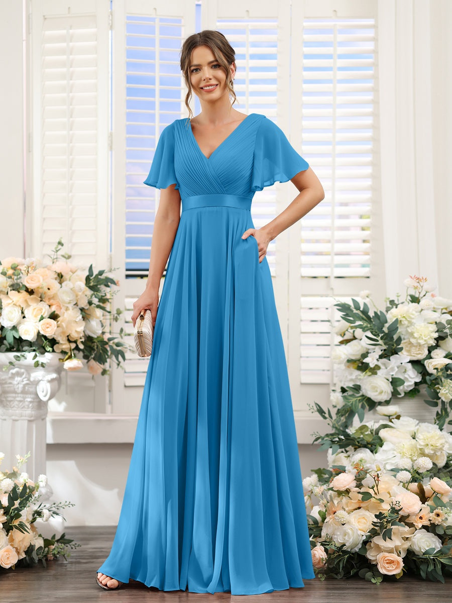 A-Line/Princess V-Neck Short Sleeves Chiffon Bridesmaid Dresses with Pockets